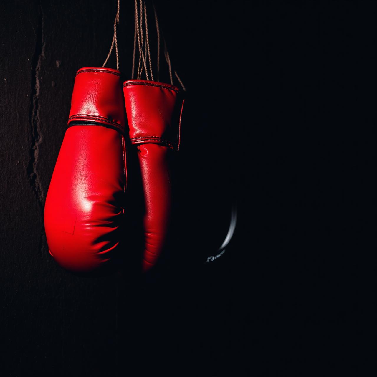 Boxing gloves hanging in a dark gym